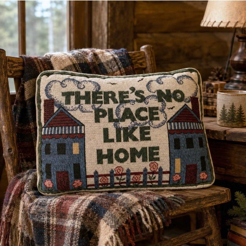 Vintage Embroidered Accent Pillow Woven Tapestry Cream Blue Cottagecore Rustic